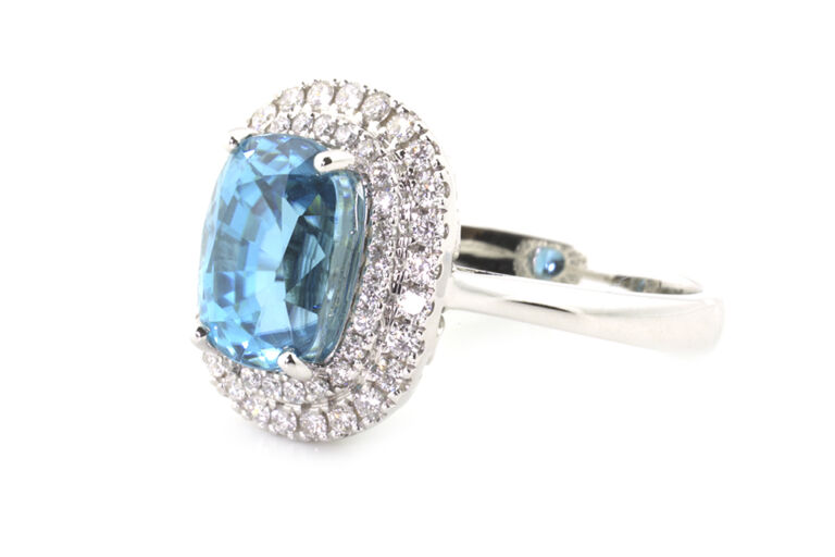 Blue Zircon & Diamond Cluster Ring 18ct white gold Size L