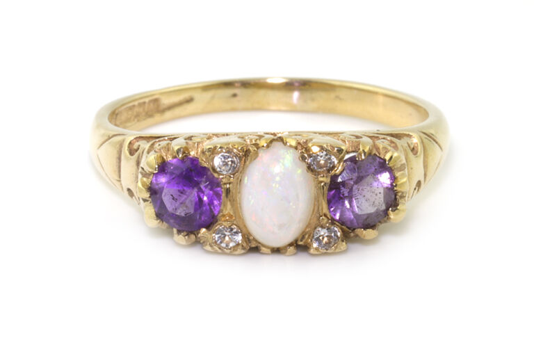 Amethyst, Opal & Cubic Zirconia 7 Stone Ring 9ct yellow gold