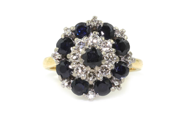 Blue Sapphire & Diamond Cluster Ring 18ct gold Size J