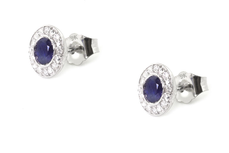 Blue Sapphire & Diamond Cluster Earrings 9ct white gold