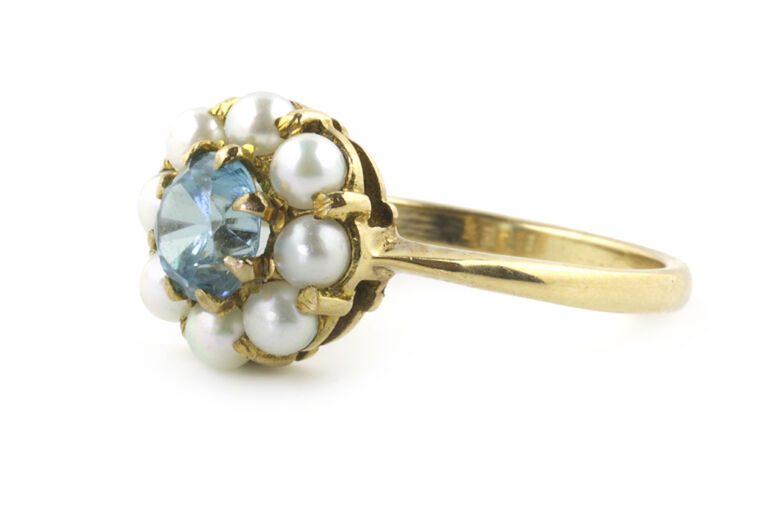 Blue Zircon & Pearl Cluster Ring 9ct gold