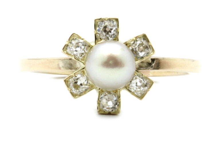 Antique Natural Pearl & Diamond Ring 9ct gold size N