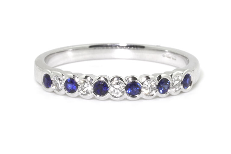 Blue Sapphire & Diamond Half Eternity Ring 18ct white gold Size N