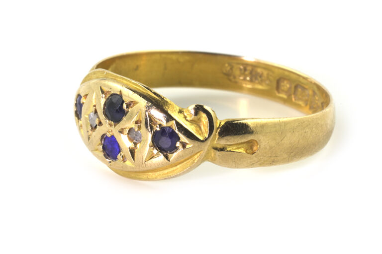 Antique Blue Sapphire & Diamond Band Ring 18ct gold