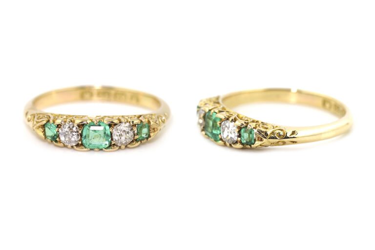 Emerald & Diamond 5 Stone Ring 18ct gold Size M