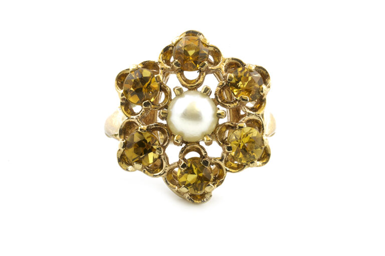 Pearl & Citrine Cluster Ring 9ct gold