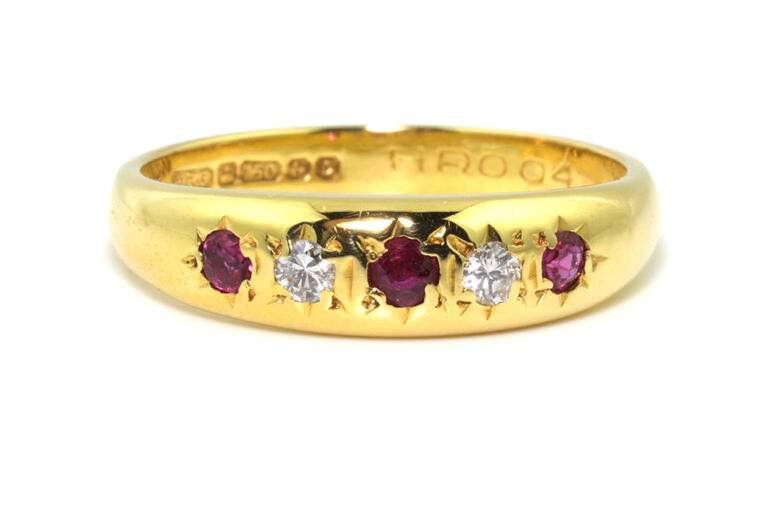 Ruby & Diamond 5 Stone Ring 18ct gold Size N