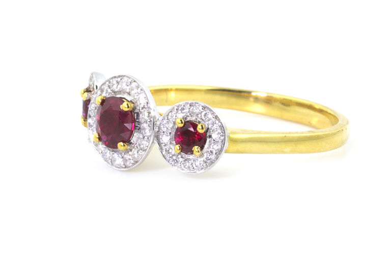 Ruby & Diamond Triple Cluster Ring 18ct gold size L