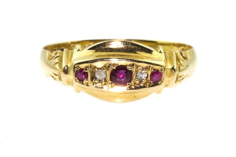 Ruby & Diamond 5 Stone Ring 18ct gold Size P