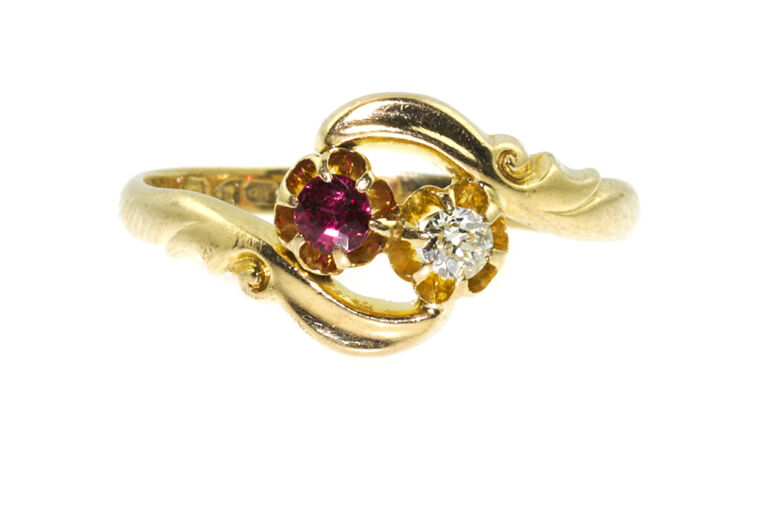 Ruby & Diamond 2 Stone Ring 18ct yellow gold Size Q