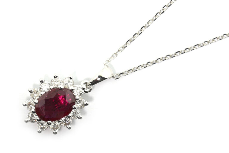 Ruby & Diamond Oval Cluster Pendant & Chain 18ct white gold