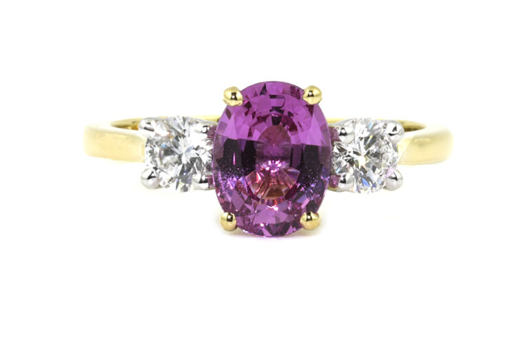 Pink Sapphire & Diamond 3 Stone Ring 18ct gold & platinum Size M