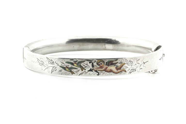 Painted & Engraved Hinged Silver Bangle
