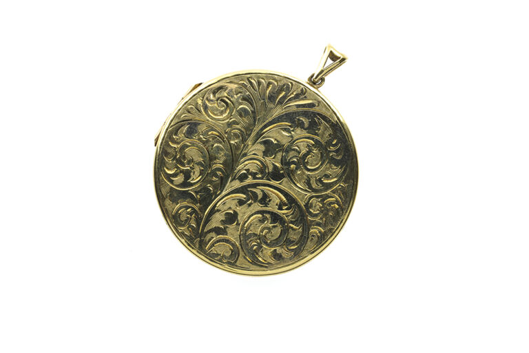 Scroll Engraved Circular Opening 9ct gold Locket