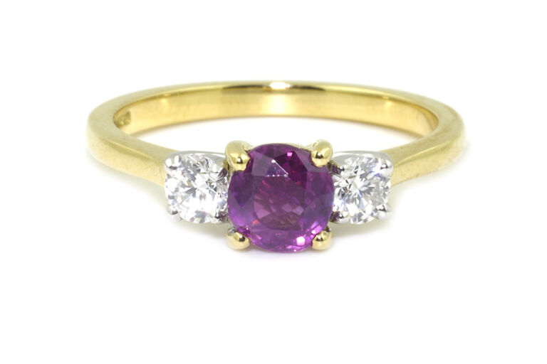 Magenta Pink Sapphire & Diamond 3 Stone Ring 18ct gold& platinum Size N