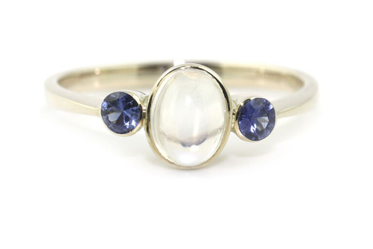 Moonstone & Blue Sapphire Three Stone Ring 9ct gold Size M
