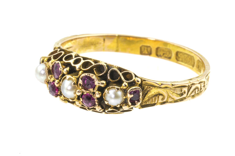 Ruby & Pearl Band Ring 15ct yellow gold Size N