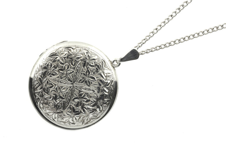Circular Engraved Silver Locket & Chain
