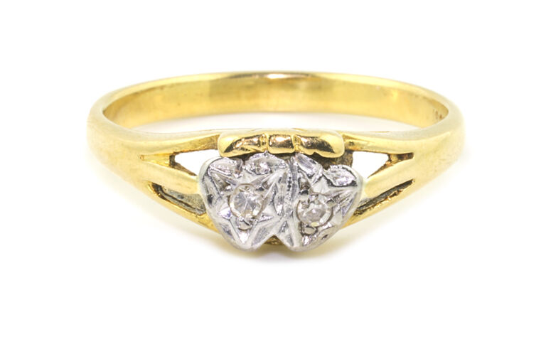Diamond Set Twin Heart 2 Stone Ring 18ct gold & platinum Size N