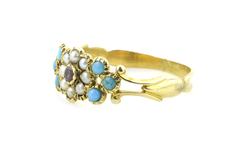 Turquoise, Pearl & Garnet Cluster Ring Size L