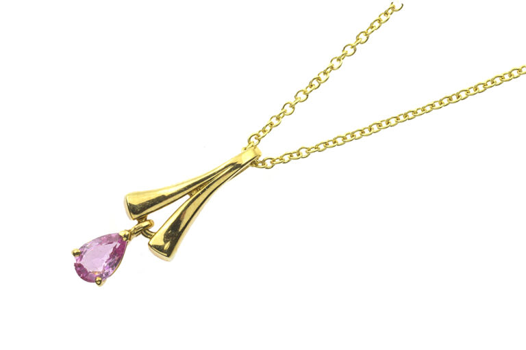 Pink Sapphire Drop Pendant & Chain 9ct yellow gold.