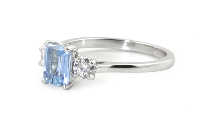Aquamarine & Diamond 3 Stone Ring Platinum Size N