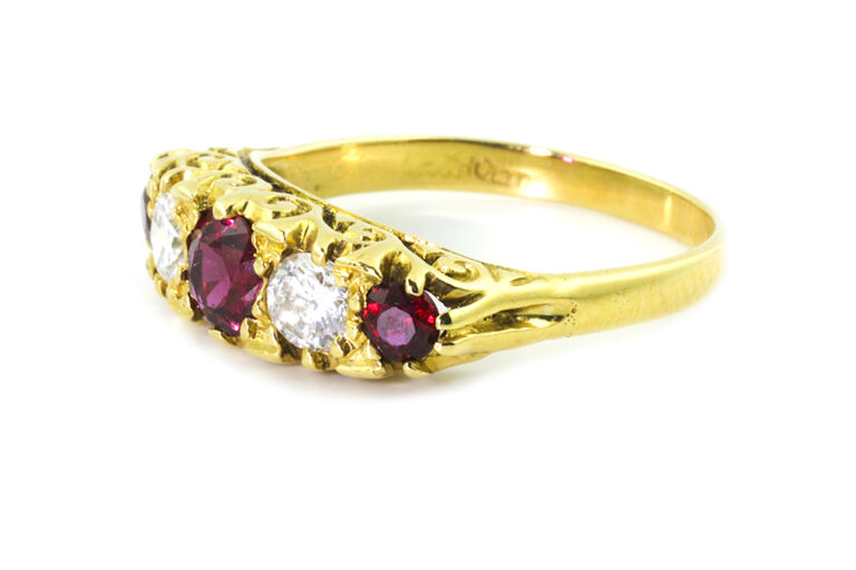 Ruby & Diamond 5 Stone Ring 18ct yellow gold Size L