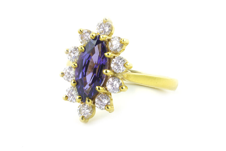 Purple Sapphire & Diamond Cluster Ring 18ct yellow gold Size M