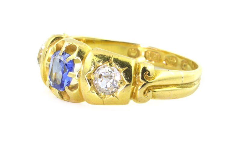 Blue Sapphire & Diamond 3 Stone Band Ring 18ct yellow gold Size O