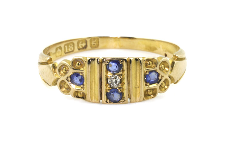 Antique Blue Sapphire & Diamond 5 Stone Band Ring 18ct yellow gold Size N