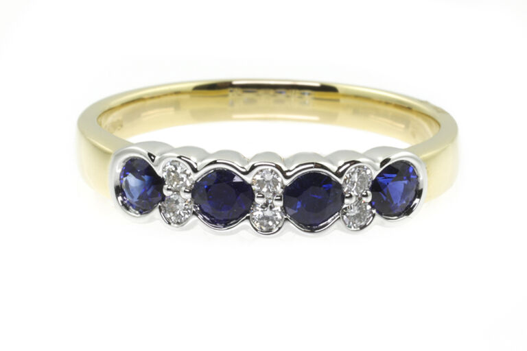 Blue Sapphire & Diamond Half Eternity Ring 18ct gold Size N