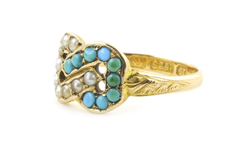 Turquoise & Pearl Knot Ring 15ct yellow gold Size L