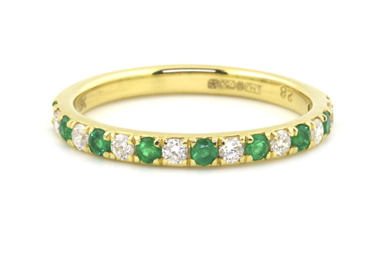 Emerald & Diamond Half Eternity Ring 18ct gold Size L