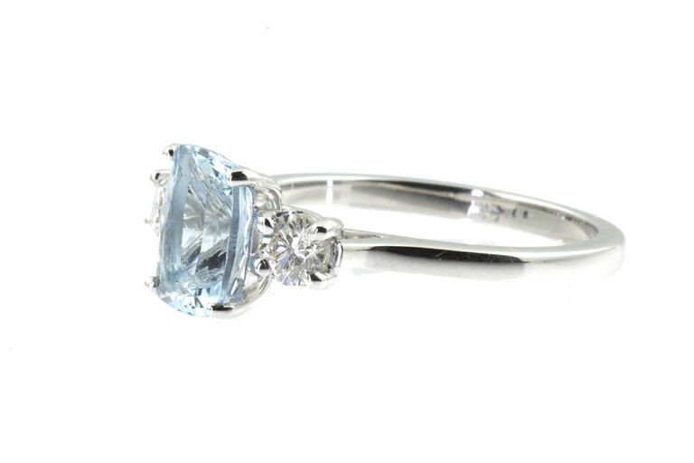 Aquamarine & Diamond 3 Stone Ring in Platinum size N