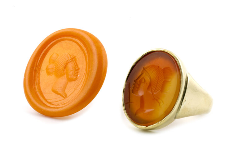 Stone Carved Intaglio of a Warrior Signet Ring 9ct yellow gold Size K