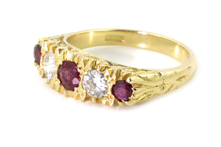 Ruby & Diamond 5 Stone Ring 18ct yellow gold Size M