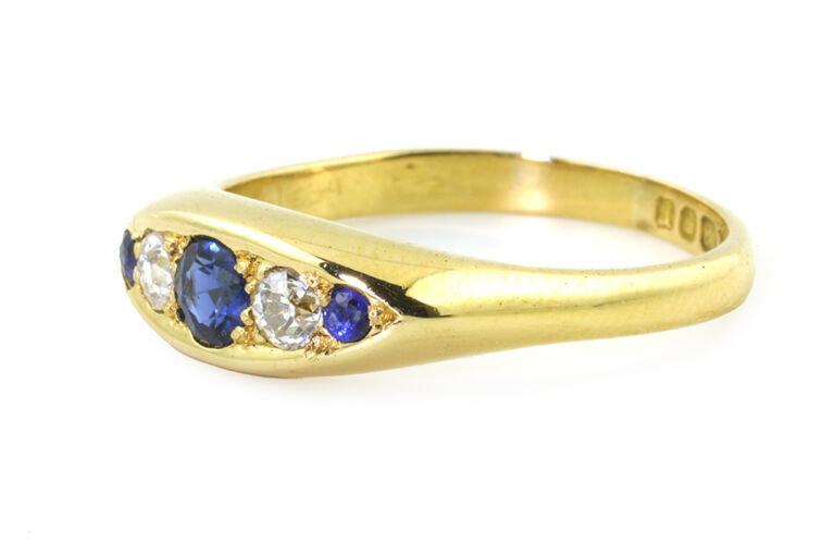 Antique Blue Sapphire & Diamond 5 Stone Ring 18ct yellow gold Size K
