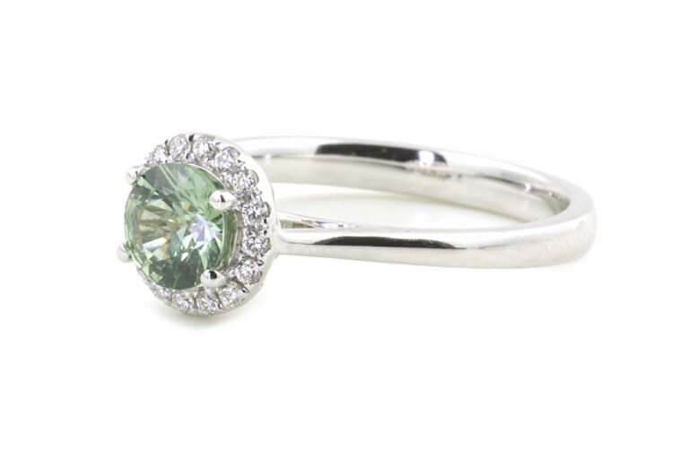 Green Sapphire & Diamond Cluster Ring 9ct white gold Size N