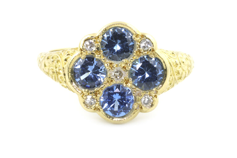 Synthetic Blue Spinel & Diamond Cluster 18ct yellow gold Size P