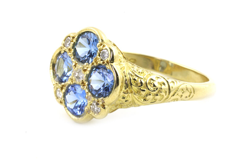 Synthetic Blue Spinel & Diamond Cluster 18ct yellow gold Size P