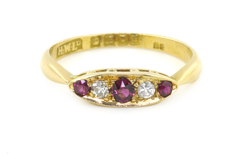 Ruby & Diamond 5 Stone Ring 18ct gold Size N