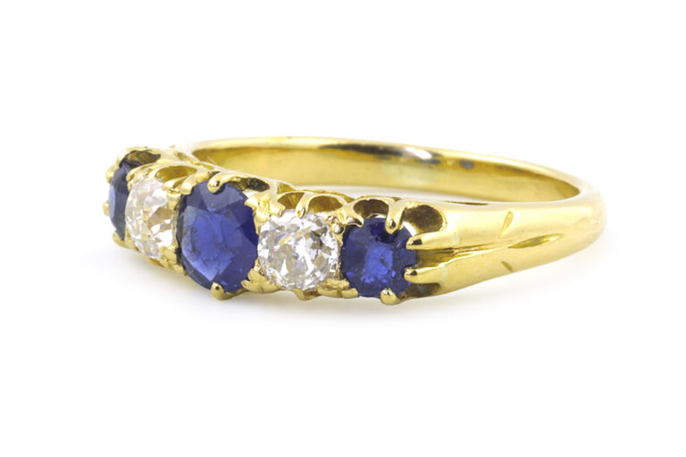 Blue Sapphire & Diamond 5 Stone Ring 18ct gold Size M