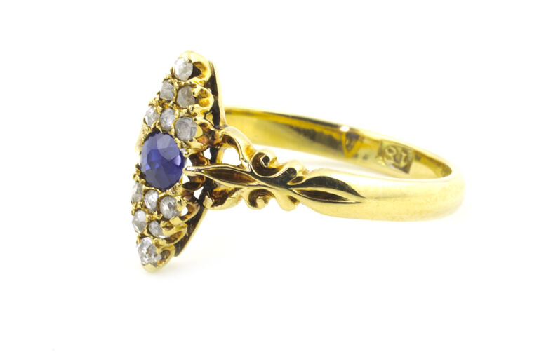 Blue Sapphire & Diamond Marquise Shape Cluster Ring 18ct gold Size L
