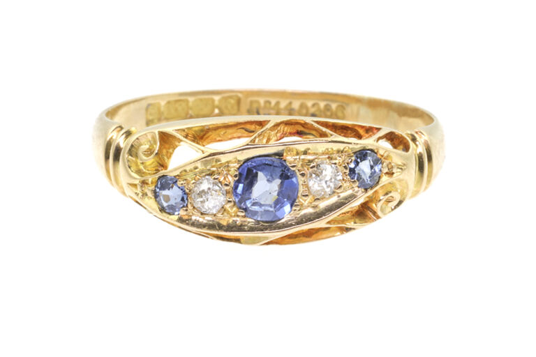 Blue Sapphire & Diamond Five Stone Ring 18ct gold Size P