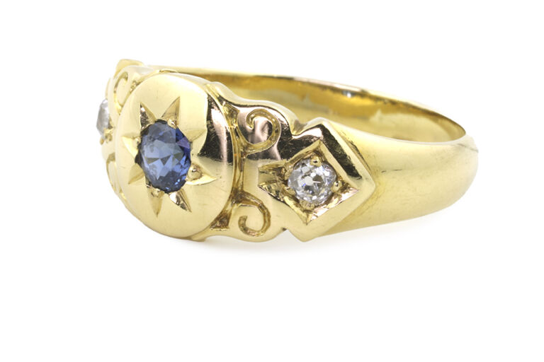 Blue Sapphire & Diamond 3 Stone Ring 18ct gold Size O