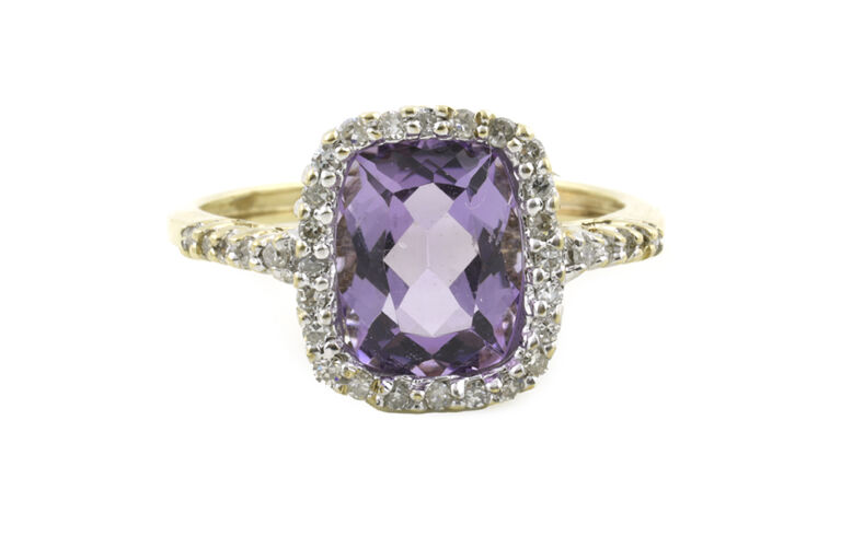 Amethyst & Diamond Cluster Ring 9ct gold Size L