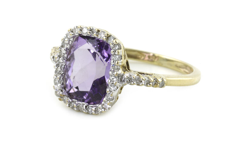 Amethyst & Diamond Cluster Ring 9ct gold Size L