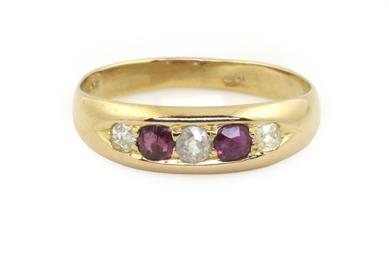 Ruby & Diamond 5 Stone Band Ring 18ct yellow gold Size N
