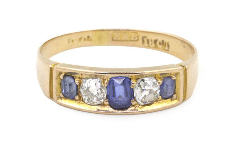 Blue Sapphire & Diamond 5 Stone Band Ring 18ct yellow gold Size M