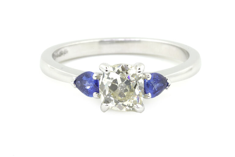 Blue Sapphire & Diamond 3 Stone Ring Platinum Size N